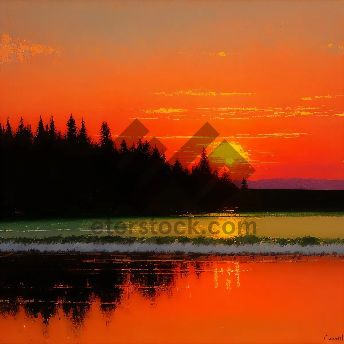 Picture of Golden Sunset Reflection on Tranquil Lake