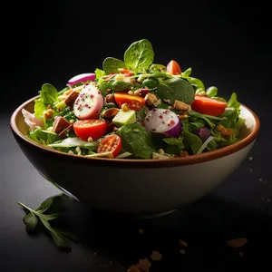 Fresh vegetable salad with basil and tomatoes in bowl.