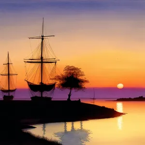 Pirate ship sailing at sunset over electrically powered ocean waters.