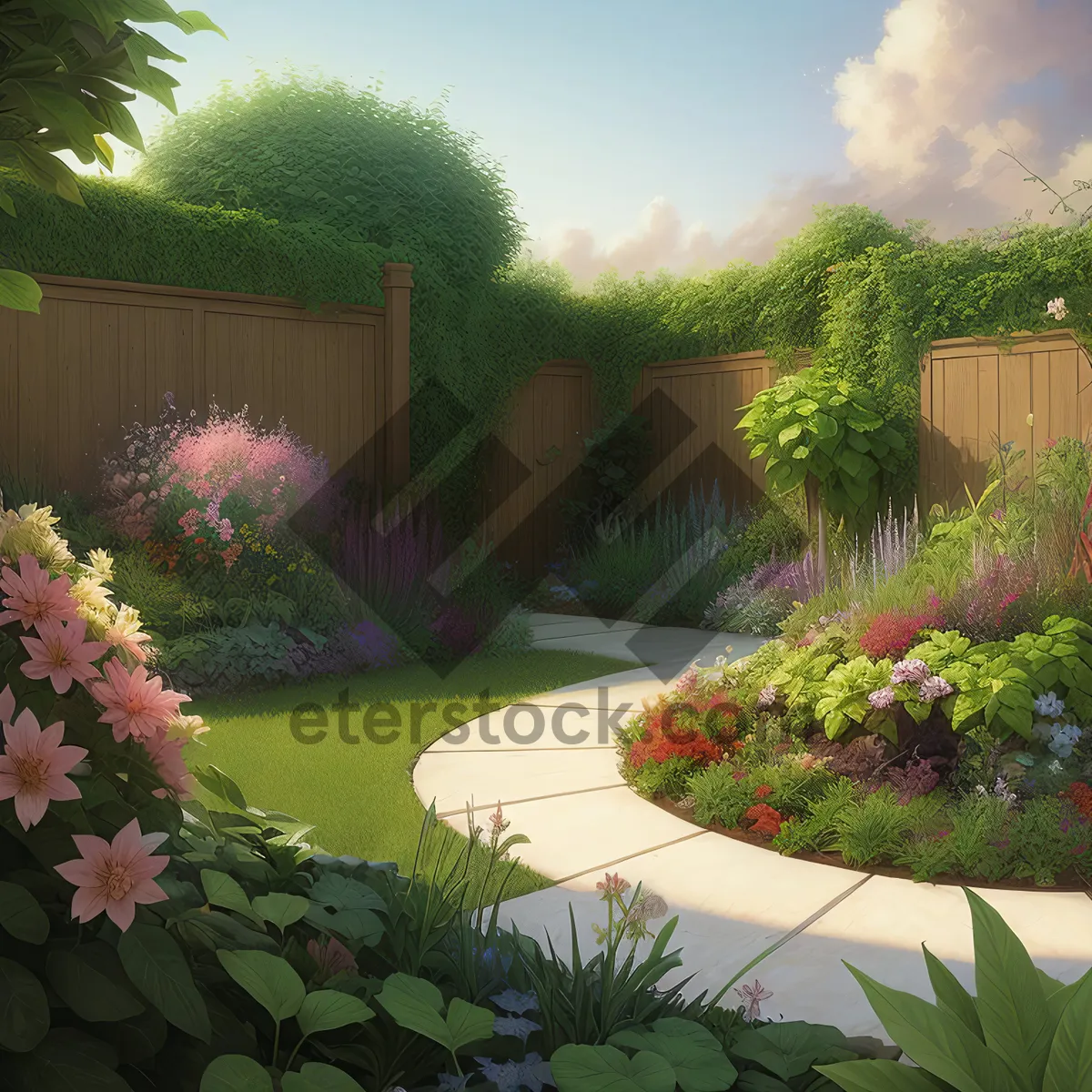 Picture of Summer Landscape with Beautiful Residential House and Garden