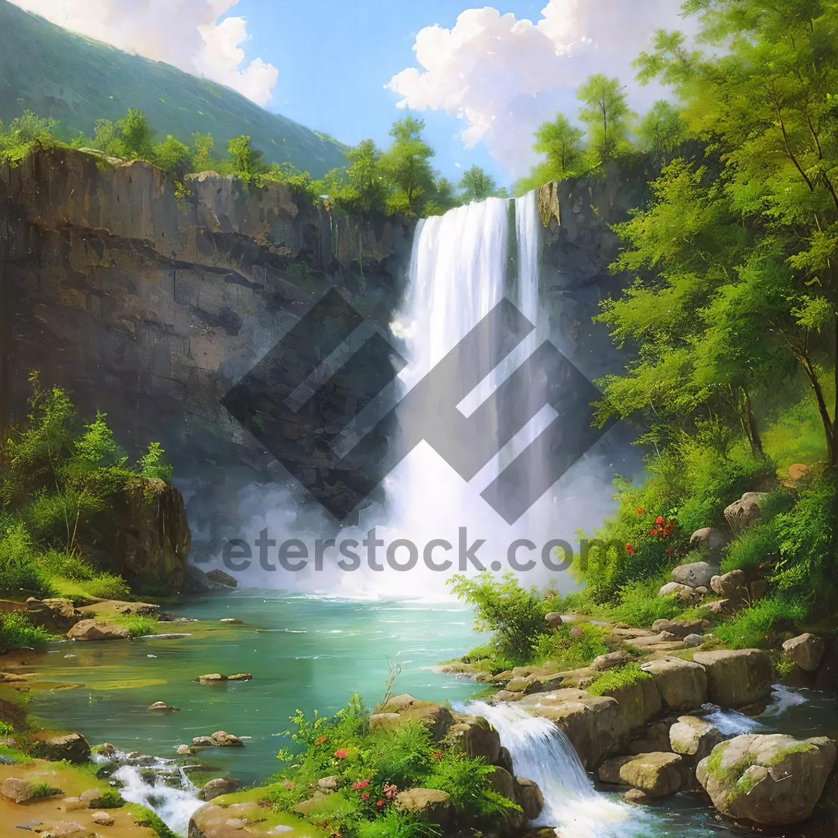 Picture of Cascading Waters through Serene Forest Landscape