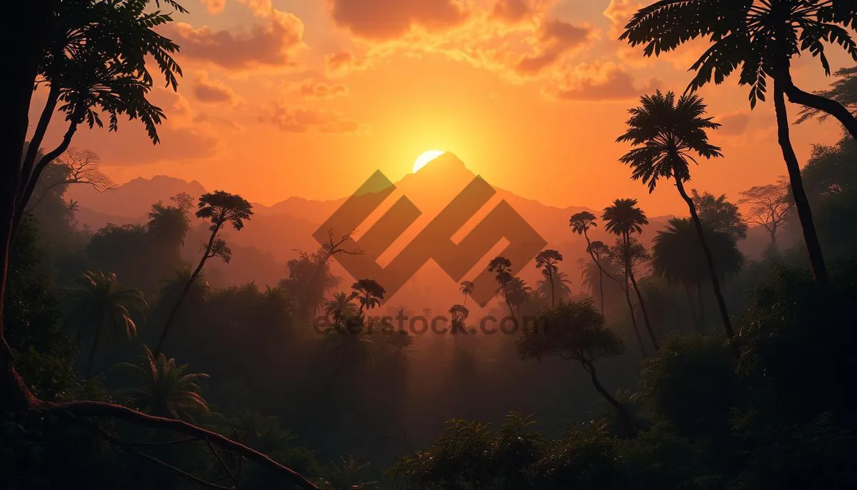 Picture of Silhouette sunset on tropical beach with palm trees.