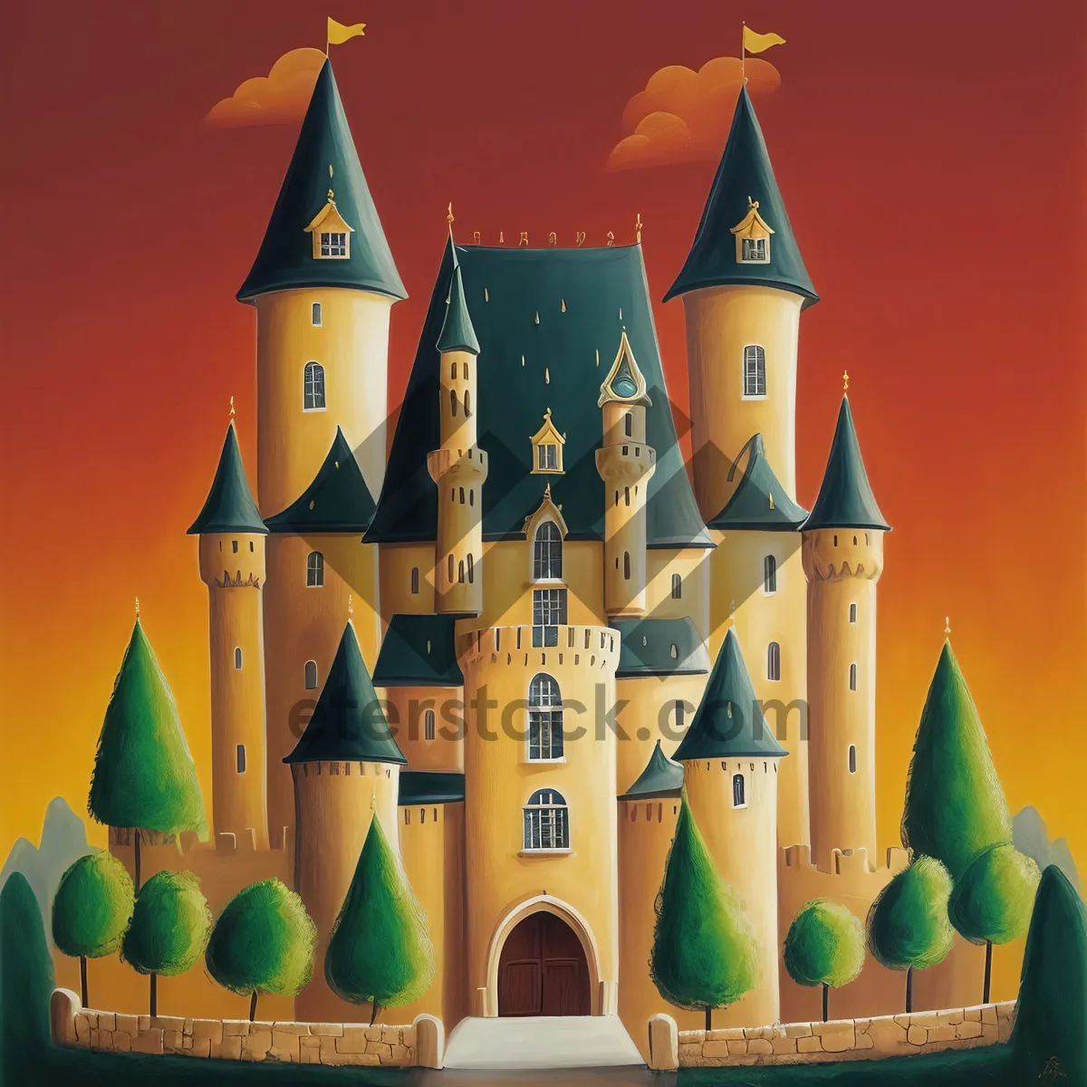 Picture of Colorful church building drawing with rainbow pencil