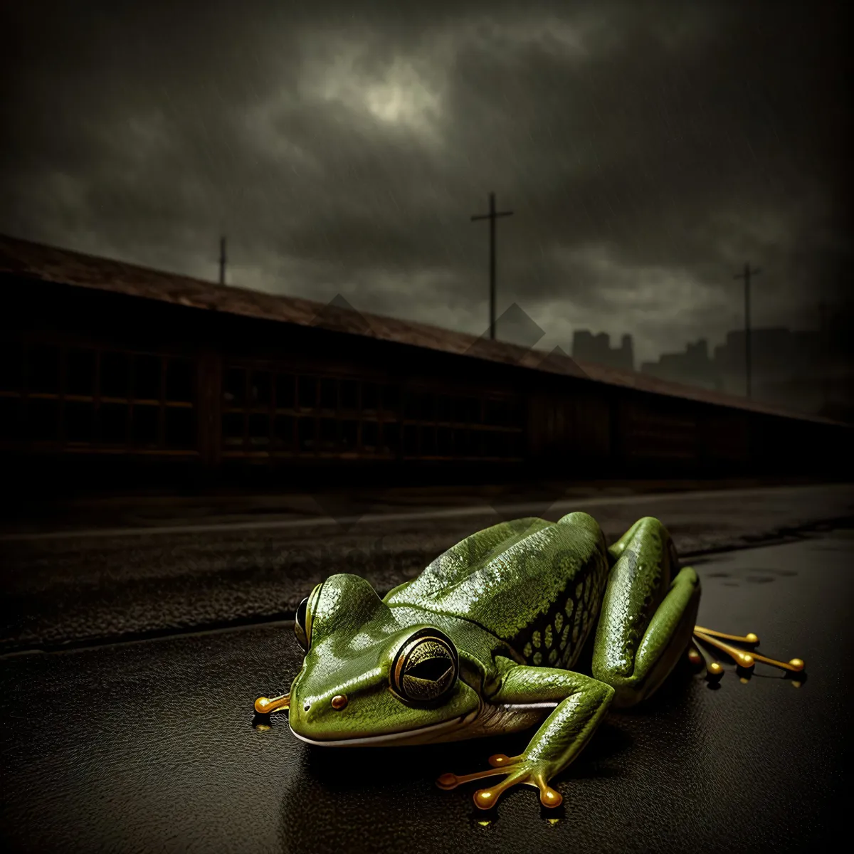 Picture of Vivid Eyed Tree Frog Camouflaged Among Leaves