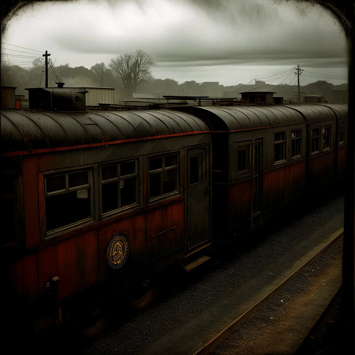 Picture of Vintage electric locomotive at urban train station.