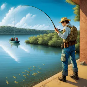 Male Fisherman Enjoying Outdoor Sport with Fishing Gear