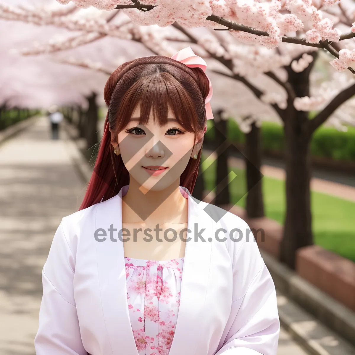 Picture of Cheerful brunette lady posing outdoors with a pretty smile.