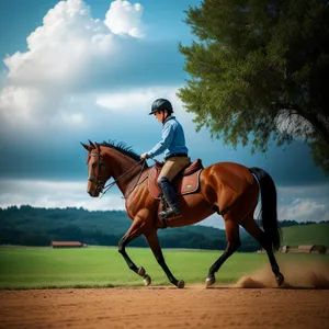 Stallion galloping on a polo field.