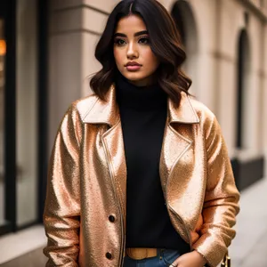 Attractive brunette businesswoman in sweater smiling happily.