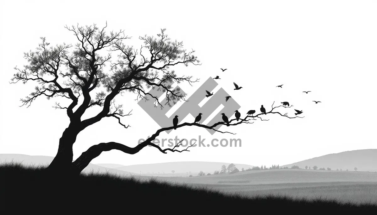 Picture of Silhouette of bird perched on tree branch at sunset.