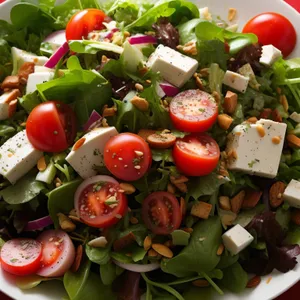 Fresh vegetable salad with ripe tomatoes and cucumbers.