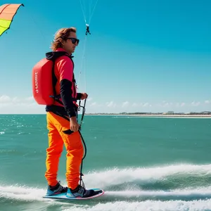 Man parachuting over beach with umbrella canopy in sky.