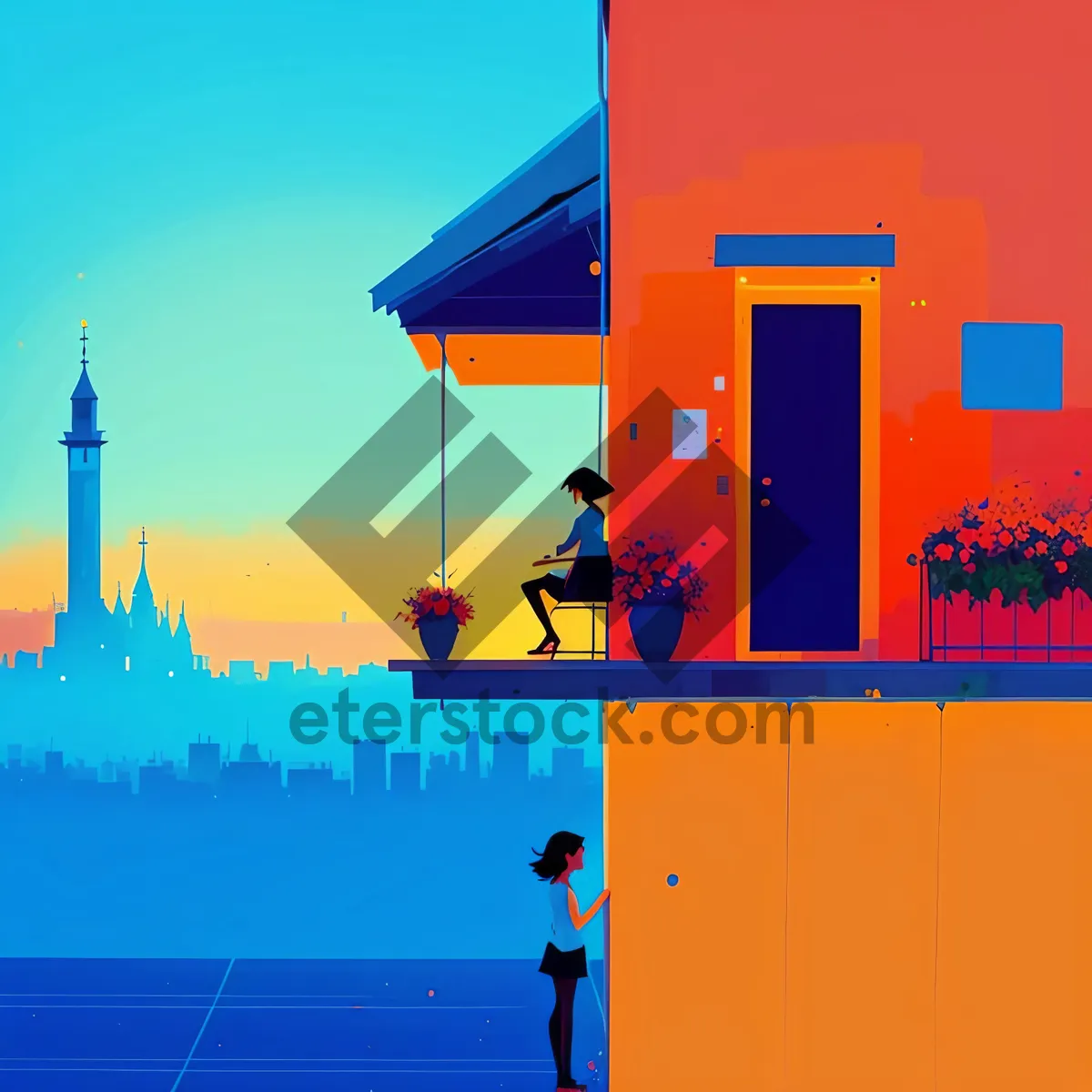 Picture of Silhouette Skyline: House with Flag, Architectural Map Export