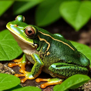 Vibrant-eyed Orange Tree Frog Camouflaged on Leaf