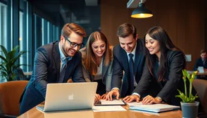 Happy professional man and businesswoman working together in office