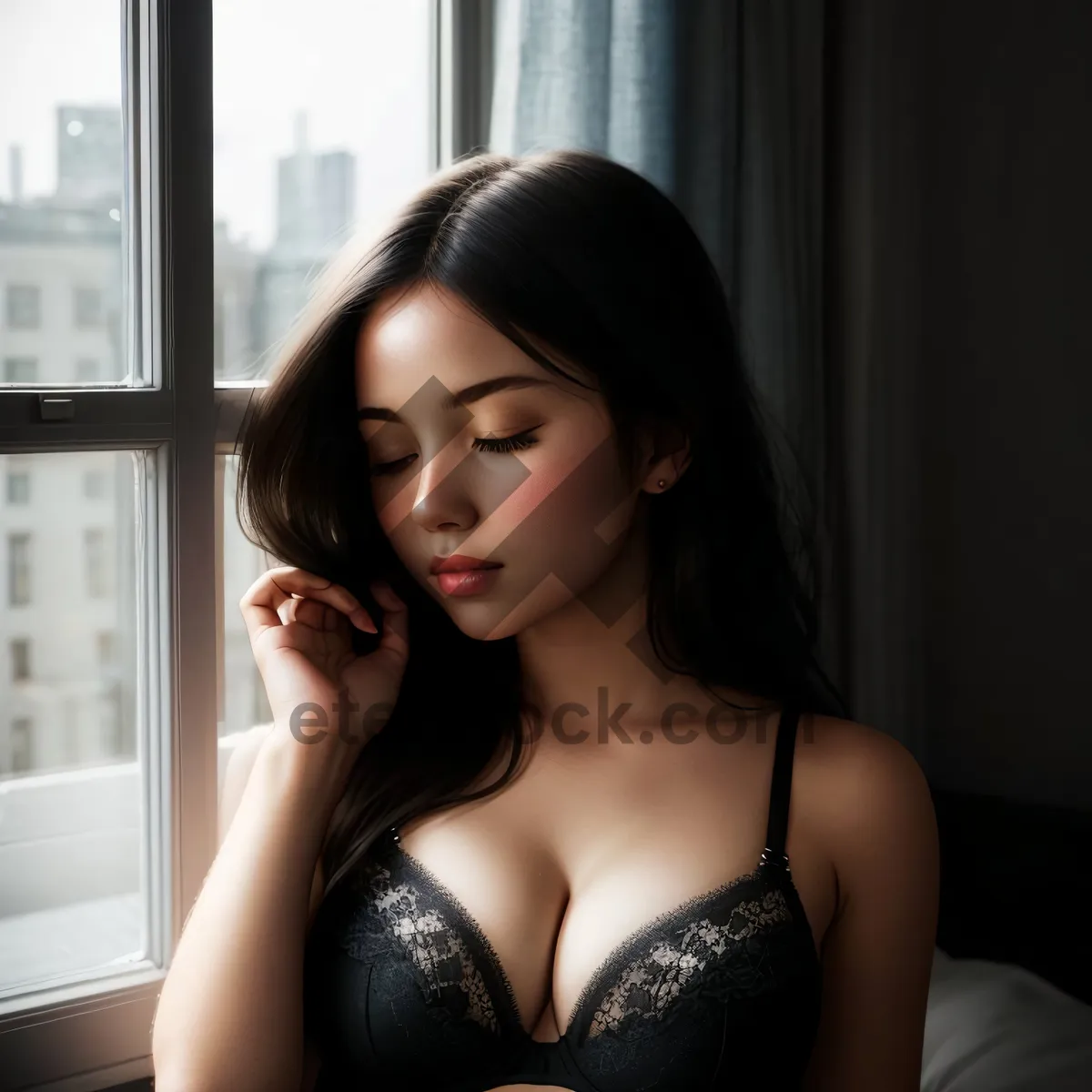 Picture of Sensual brunette model with attractive makeup and lingerie posing attractively