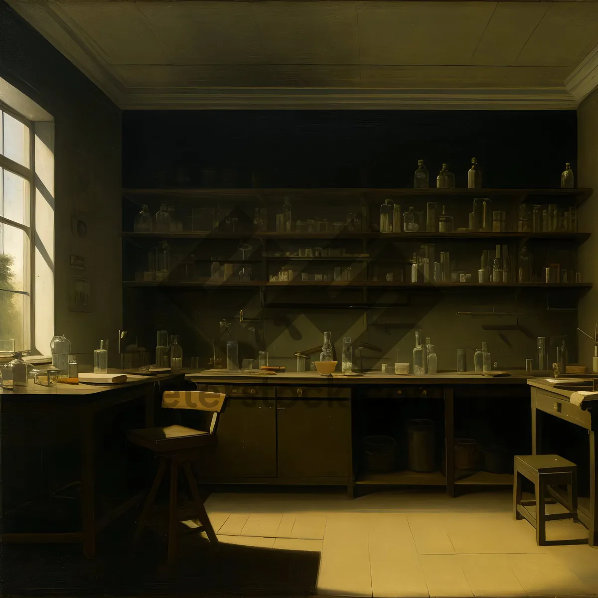 Picture of Modern Kitchen Table with Wooden Chairs and Lamp