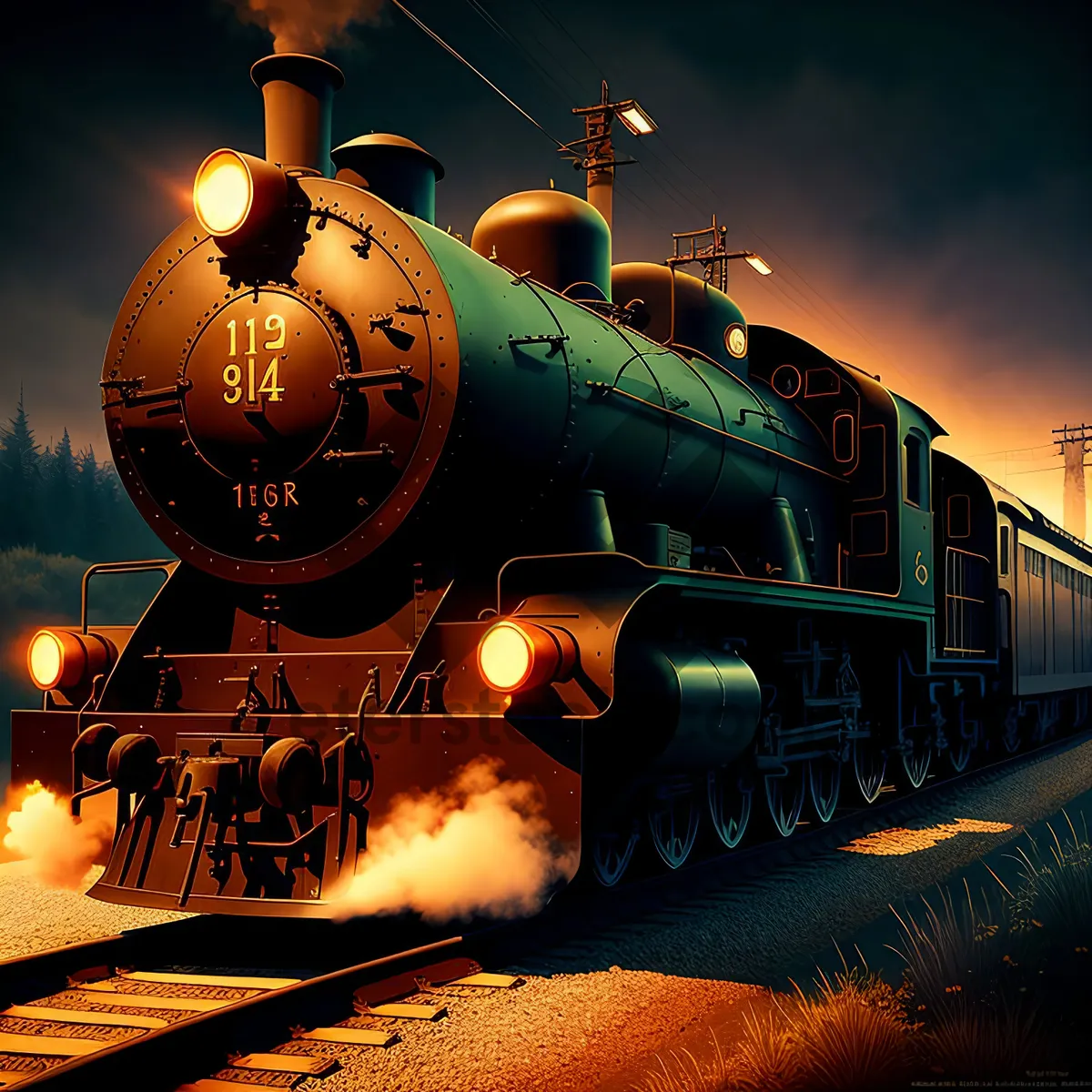 Picture of Powerful Steam Locomotive Chugging Down the Tracks