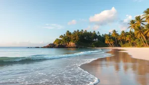 Turquoise waters and palm trees on paradise island shore.