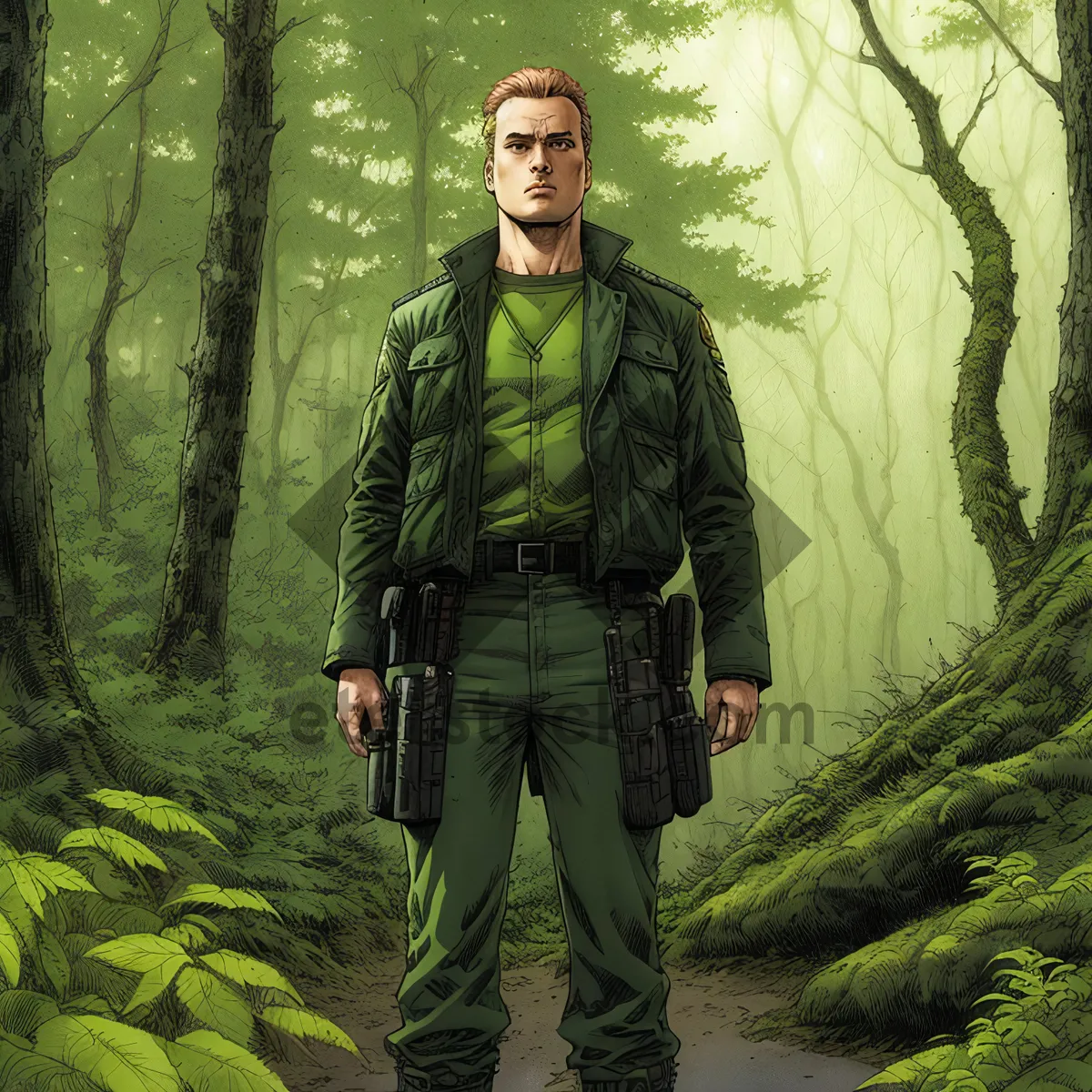 Picture of Happy man in military uniform amidst forest.