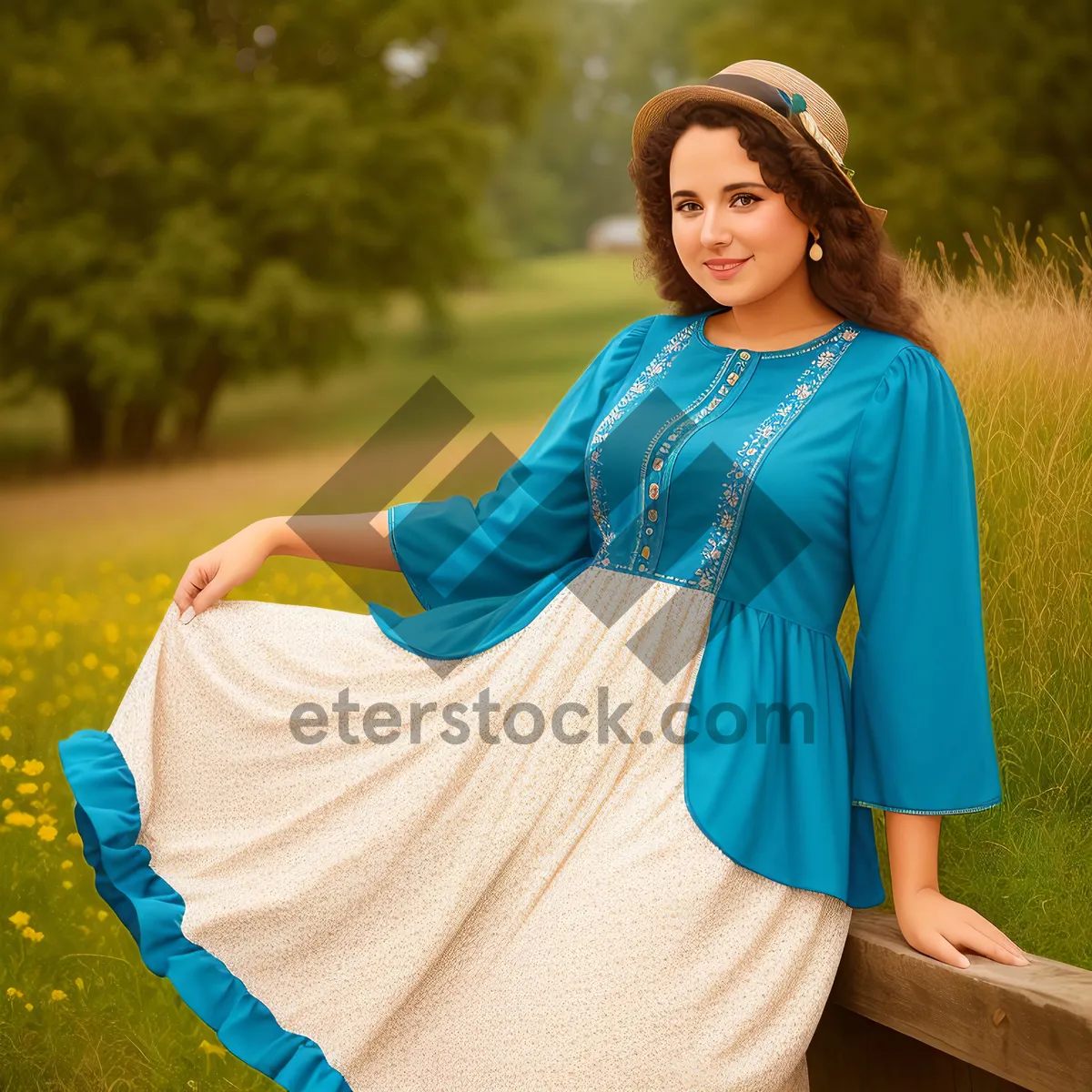 Picture of Happy brunette lady smiling in autumn park