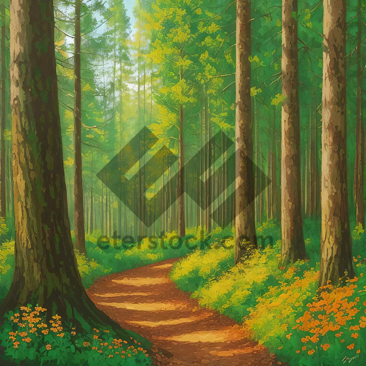 Picture of Serene Forest Path with Sunlit Trees