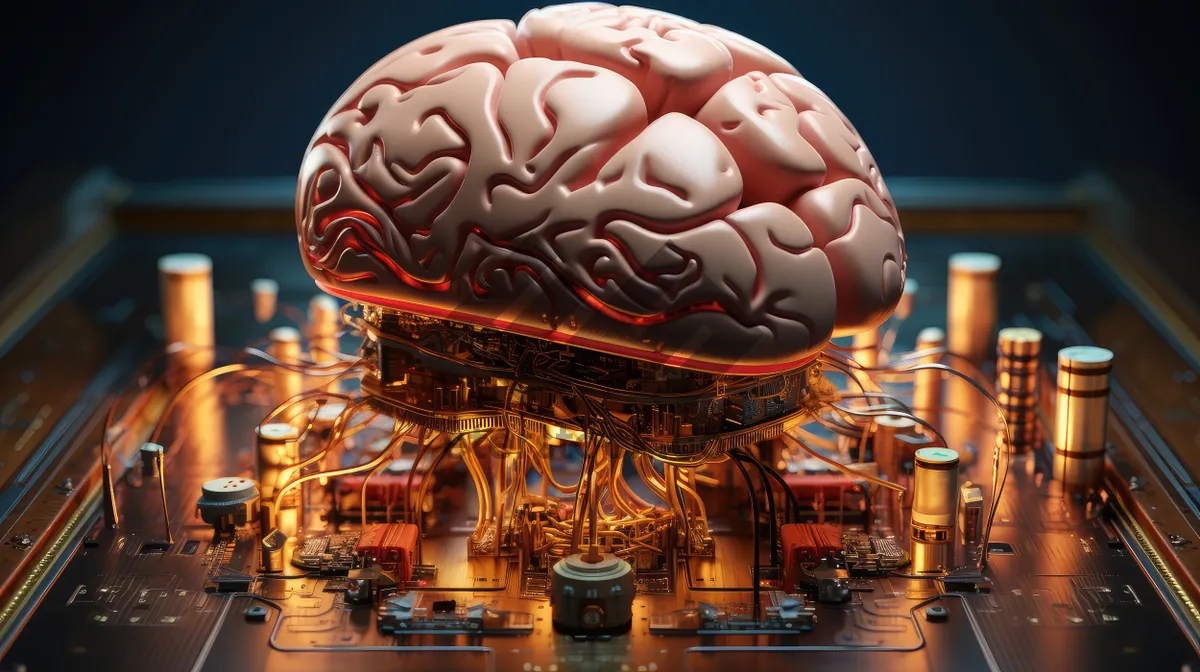 Picture of Sci-fi concept. The central computer processor in the form of an artificial brain microchip as the main element of the artificial intelligence system is installed on the motherboard of the supercomputer
