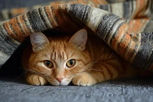 Adorable tabby cat with curious expression on blanket