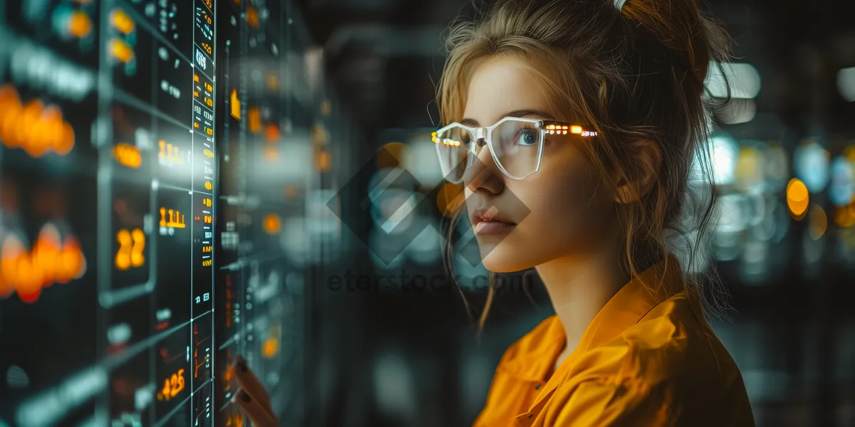 Picture of Attractive blonde lady in sunglasses smiling in studio pose.