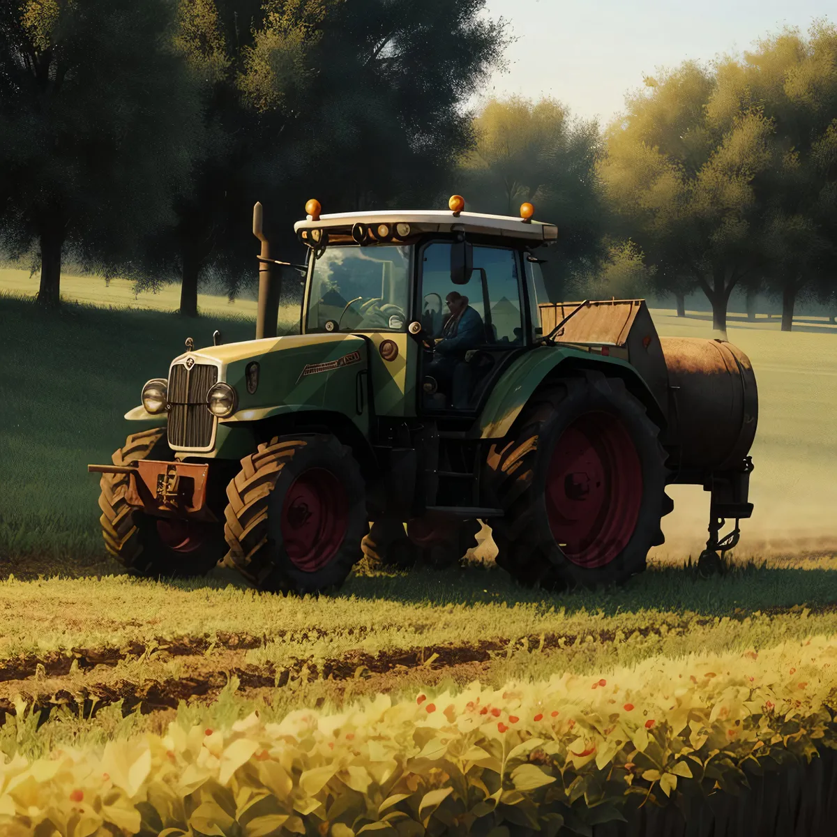 Picture of Yellow tractor harvesting wheat in rural field.