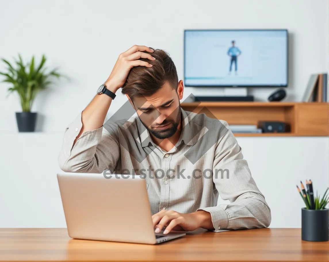 Picture of Happy businessman working on laptop in modern office