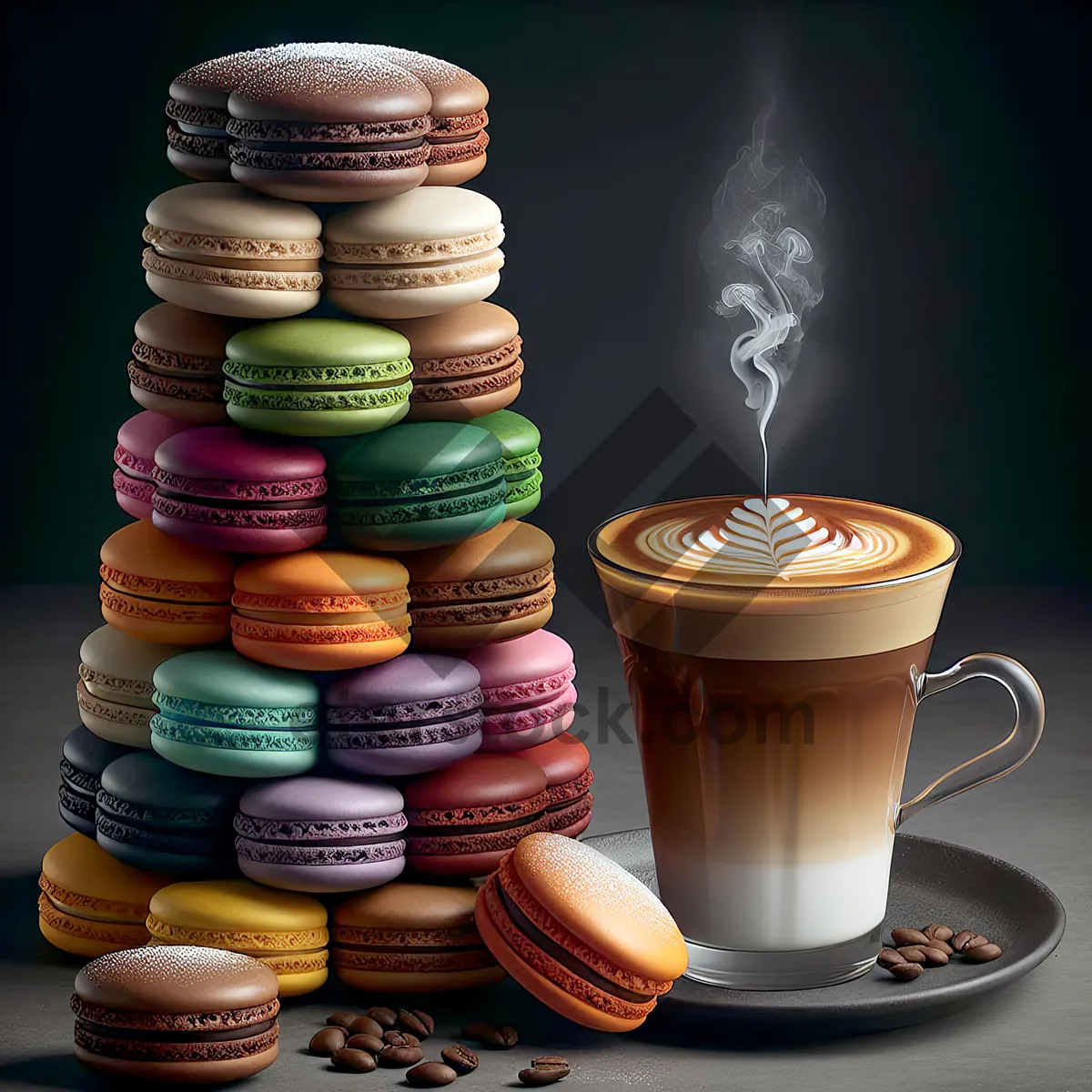 Picture of Latte With Colorful Macaron Stack