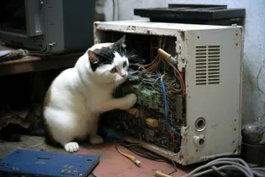 Fluffy kitten with cute eyes on computer monitor