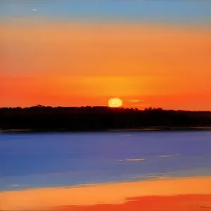 Twilight Tranquility: Silhouetted Palm Trees Reflecting on the Orange Horizon