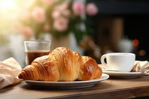 Golden croissant with coffee on elegant saucer.