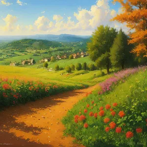 Idyllic Countryside Landscape with Vast Meadows and Sunny Skies
