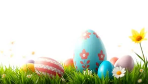 Symbolic Easter globe with decorative eggs on grass