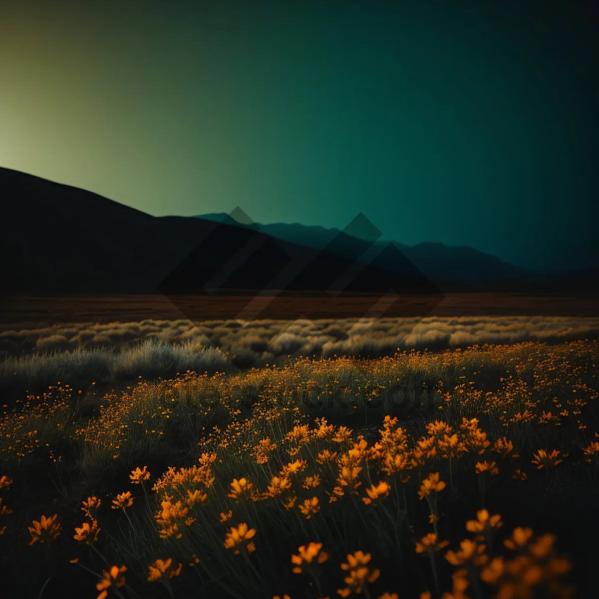 Picture of Golden Horizon: Tranquil Sunset over Meadow and Mountains