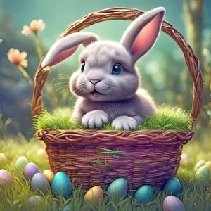 Cute Easter Bunny with Eggs in Rattan Basket.