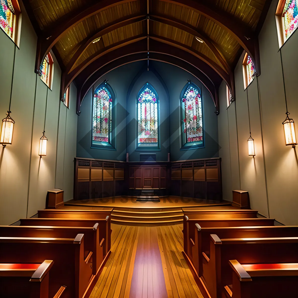 Picture of Historic Catholic Cathedral Interior with Ornate Altar and Stained Glass Window