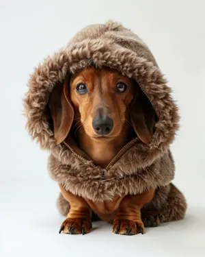 Brown furry dog sitting in studio portrait.