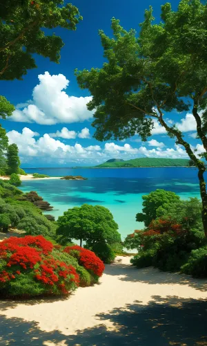 Tropical island beach with palm trees and clear water