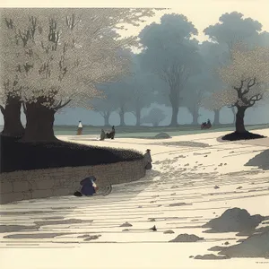 Sunset Beach with Snow Capped Trees