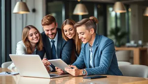 Smiling male business professional working on laptop at office.