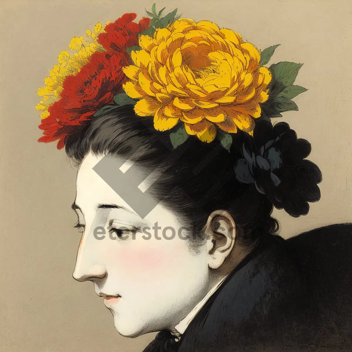 Picture of Stylish Lady with Crown and Flower Bouquet