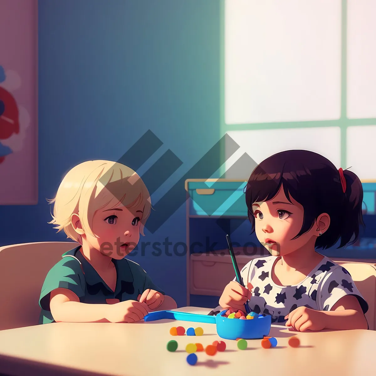 Picture of Happy child playing with doll in classroom