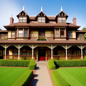 Historic Palace Residence with Brick Architecture and Rooftop Temple.