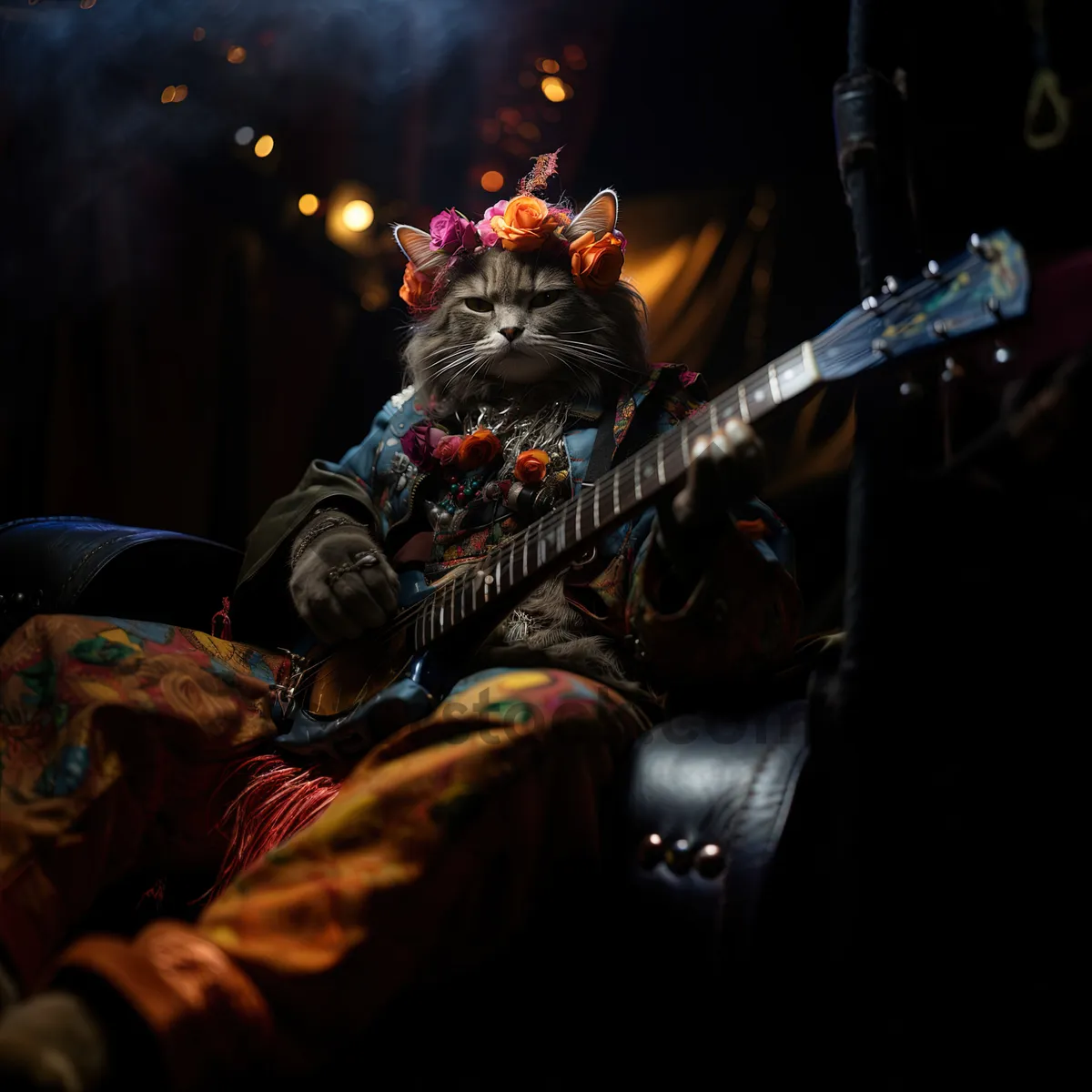 Picture of Person playing electric guitar in the dark night