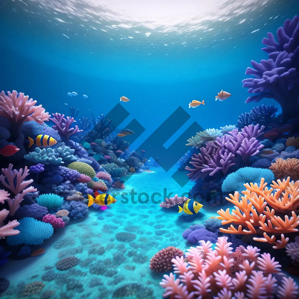 Picture of Colorful Coral Reef Life Beneath Sunlit Seawater