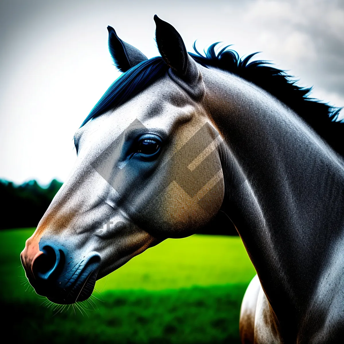 Picture of Beautiful Thoroughbred Stallion grazing in meadow.